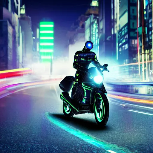 Prompt: a cyber man driving a futuristic neon motorcycle fast on a urban road in the nighttime, digital art, realistic, detailed, mysterious, dramatic, cinematic