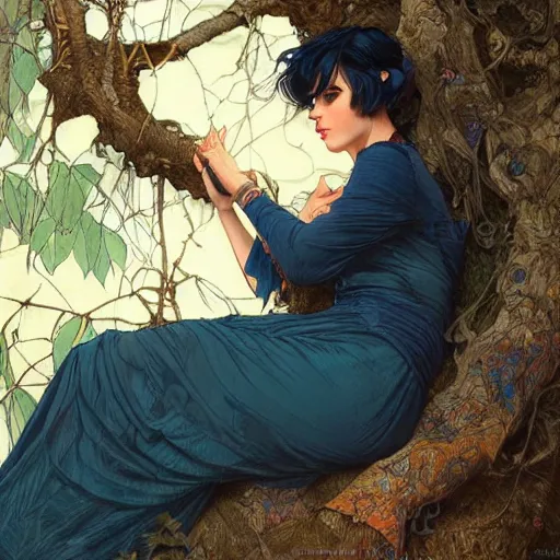 Image similar to study of a woman resting on a large tree, short black hair, decorative dark blue clothing, sharp focus, ultra realistic illustration, colorful, cinematic lighting, high fantasy, intricate, highly detailed, smooth, elegant, artgerm, greg rutkowski, alphonse mucha magali villeneuve