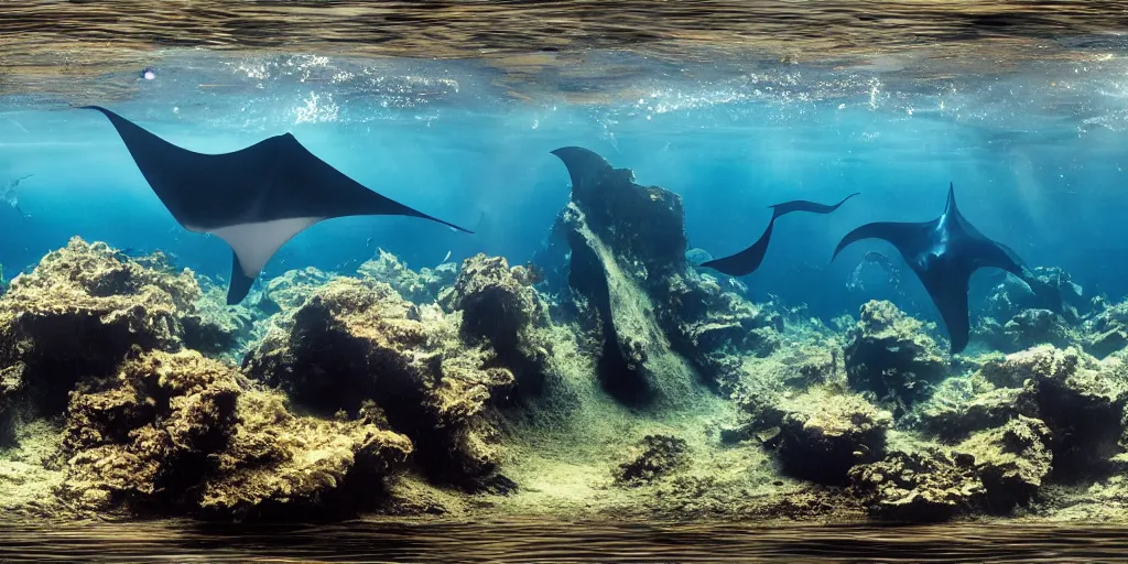 Image similar to hyperrealistic underwater photography, panoramic picture of an ocean floor with in the distance one single manta ray. focus on the manta ray. the manta ray is anatomically correct and highly detailed. the eyes are intricately detailed. there are lots of bubbles. seaweed and some rocks. gloomy scattered light entering from the water surface, trending on artstation, hq, 4 k