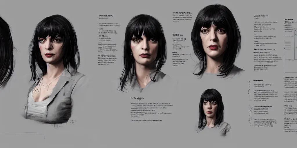 Image similar to mia wallace, character sheet, concept design, contrast, hot toys, kim jung gi, greg rutkowski, zabrocki, karlkka, jayison devadas, trending on artstation, 8 k, ultra wide angle, pincushion lens effect