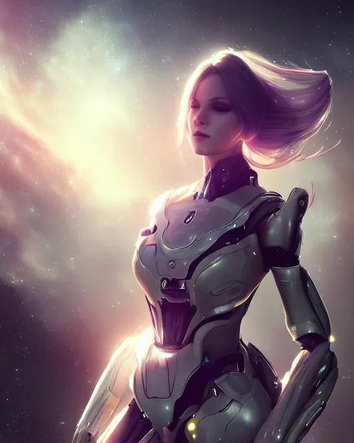 Image similar to perfect android girl on a mothership, warframe armor, beautiful face, scifi, futuristic, galaxy, nebula, raytracing, dreamy, long white hair, blue cyborg eyes, sharp focus, cinematic lighting, highly detailed, artstation, divine, by gauthier leblanc, kazuya takahashi, huifeng huang