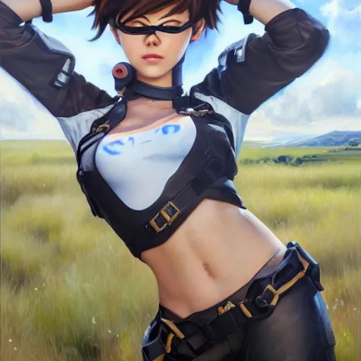 Image similar to oil painting of tracer overwatch in a field, in style of mark arian, expressive face, very detailed face, wearing large steel choker, very detailed eyes, full body, feminine face, detailed makeup on eyes,