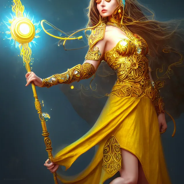 Image similar to beautiful elemental sun witch with ornate yellow robes and staff, highly detailed, 4 k, hdr, smooth, sharp focus, high resolution, award - winning photo, artgerm, photorealistic