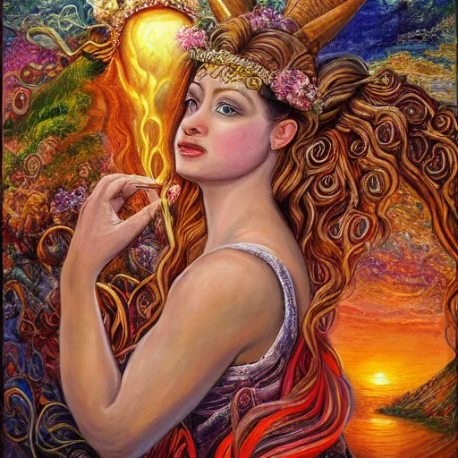 Prompt: a painting by josephine wall depicting aires as a goddess with large ram horns growing from her head. she is checking her cell phone. erupting volcano and sunrise in distance in background, flowers in foreground, acrylic on canvas, intricately detailed, highly detailed, high resolution, hd, 8 k, wallpaper, trending on artstation, zodiac, fantasy