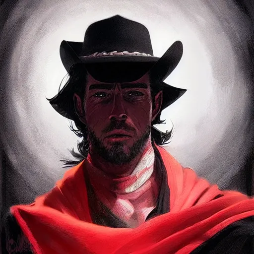 Prompt: cowboy dressed in black and a red scarf, portrait, digital art by cedric peyravernay, artgerm, john harris, greg rutkowski, yukito kishiro