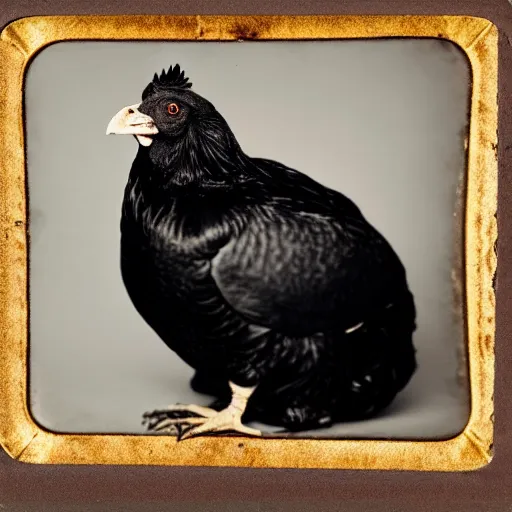 Image similar to Tintype photograph of chonky black chicken as an overweight subject. 1990s studio lighting.