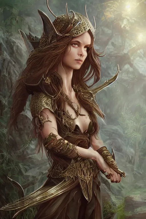 Image similar to Epic painting of a fierce female elven warrior blessed by the light of the forest, D&D, fantasy, intricate, elegant, highly detailed, digital painting, artstation, concept art, smooth, sharp focus, illustration, art by artgerm