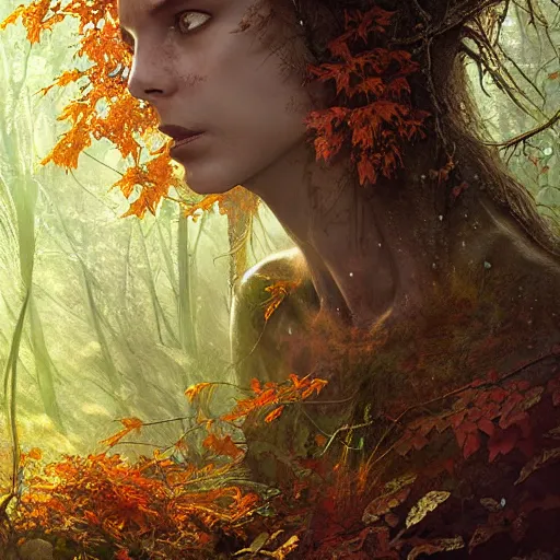 Image similar to portrait of a dryad, in a forest of fey autumn maples, her skin glistens with rainwater, she has a devilish smile and feline eyes, her hair intertwines with roots and foliage by greg rutkowski and brian froud and jessica rossier dark mysterious, filtered evening light
