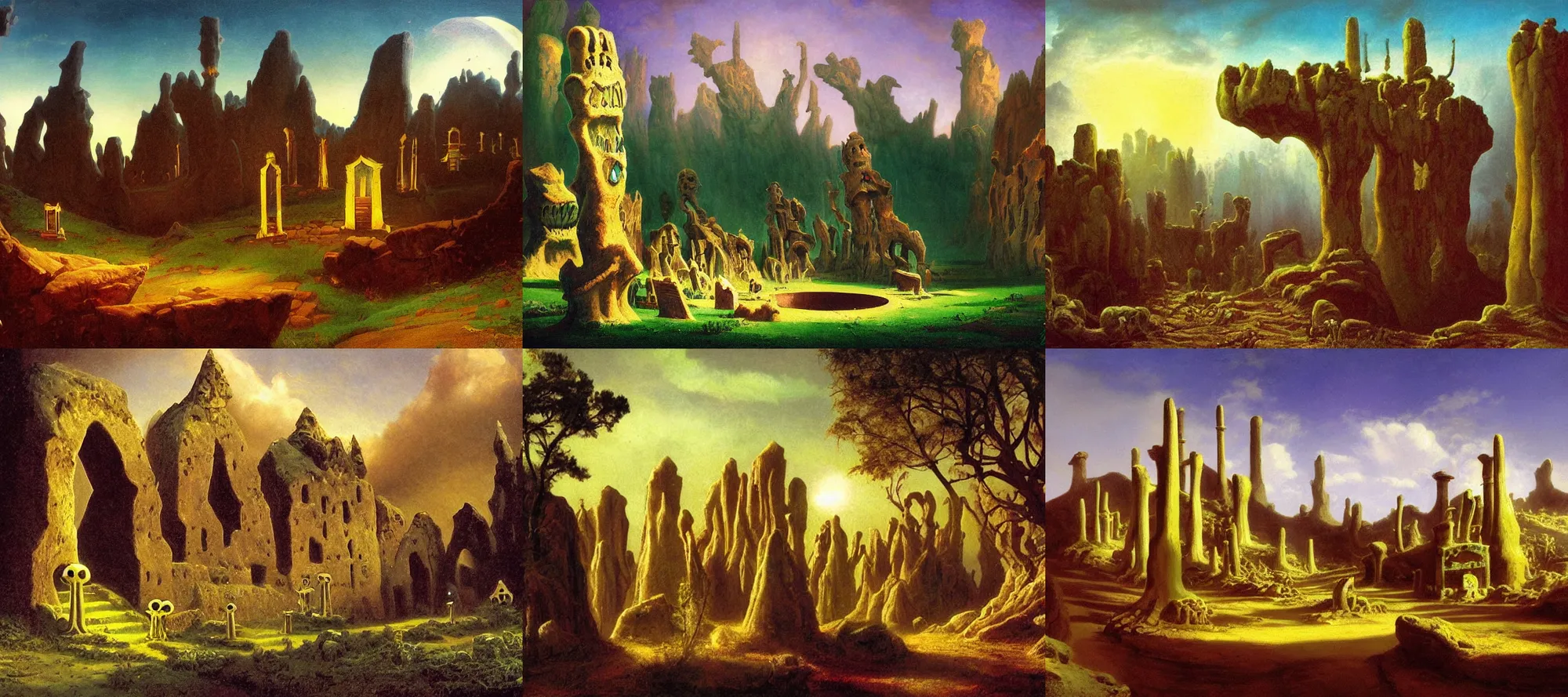 Prompt: subterranean necropolis in the style of dr. seuss, starships, painting by albert bierstadt