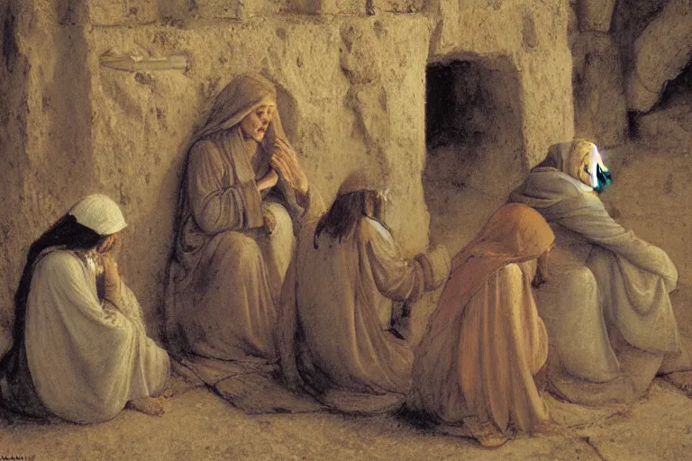 Prompt: inside the tomb of jesus, dark scene, light coming in from the left, small steps leading down, 3 marys crouching in colored robes at the tomb | 2 angels on the right side | medium close | fibonacci composition, by jules bastien le - page