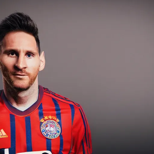 Prompt: a photography of Lionel Messi wearing a Bayern Munich jersey, Bayern Munich logo in the background, studio lighting, detailed, realistic