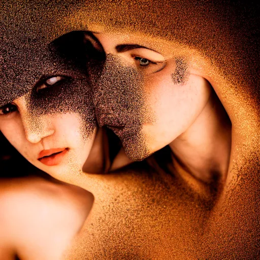 Prompt: two females balaclava photography portrait, desert wind, volumetric light, dust, wind, black underwear, snadclouds, hard shadows, bokeh, golden hour, black body paint, long exposure, full body, female body anatomy