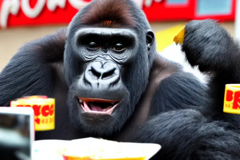 Prompt: a gorilla ordering at burger king