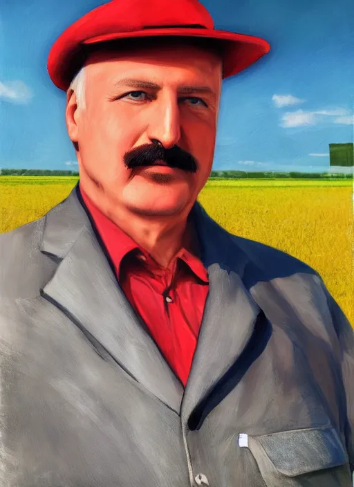 Image similar to digital portrait of a person looking like alexander lukashenko ruling tractor in fields, hot sun, photo realism