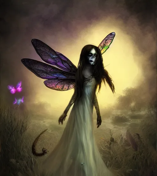 Prompt: gothic fairy with dragonfly wings, digital painting, liminal eerie midnight backlit, a picture taken by Michael Komarck