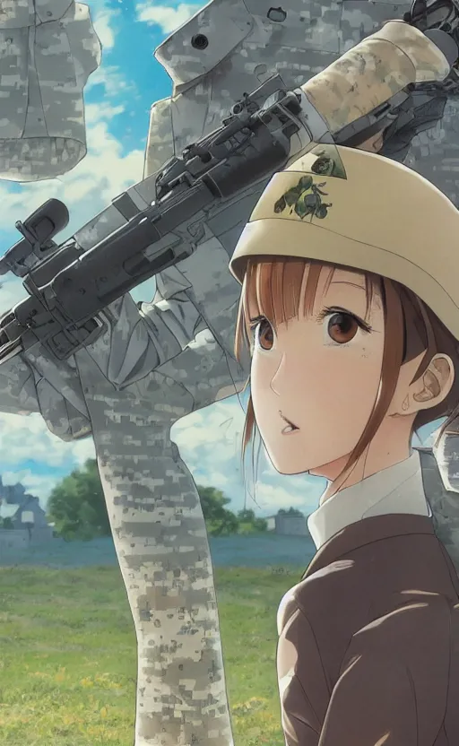 Image similar to portrait of a female soldier, highly detailed, high resolution, military camp in the background, a colored page of a manga, illustration, stunning, from the manga marginal operation, bokeh soft, matte, 100mm, by professional photographer, hayao miyazaki, shimada fumikane, shizuma yoshinori, umihara sakana, bob, realistic human anatomy, realistic military carrier, modern warfare, realistic weapon, shot with a arriflex 35 ii, low saturation, small eyes