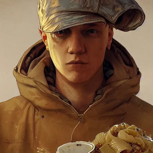 Prompt: slim shady as a pasta chef, highly detailed, intricate, digital painting, artstation, sharp focus, illustration, art by jakub rozalski, greg rutkowski, artgerm, tan zi and ayanamikodon and alphonse mucha and wlop