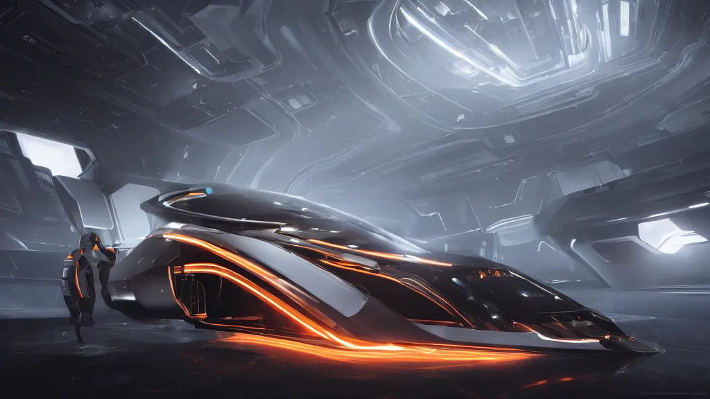 Prompt: a photorealistic dramatic hyperrealistic full frame render of a sleek futuristic interstellar spacecraft, ultra realistic details, glossy white metal, orange racing stripes by nicolas bouvier sparth, vitaly bulgarov, ben mauro, ilm, beautiful dramatic dark moody tones and lighting, cinematic atmosphere, studio lighting, shadows, dark background, octane render, 8 k