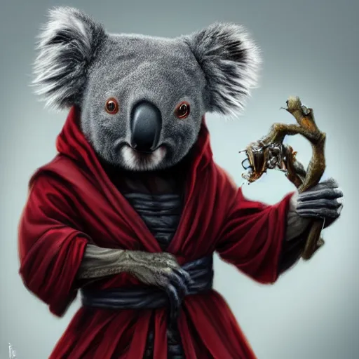 Image similar to an elegant koala dressed in a crimson - black shinobi outfit, digital art by łukasz piskorz and patrick mcenvoy and michael komarck, intricate, highly detailed, artstation, concept art, smooth, sharp focus vector