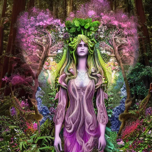 Prompt: an idealistic fully dressed marble statue with fractal flowery hair in a fractal garden, glowing delicate flower and mushrooms that grow in a dark fatansy forest on the planet pandora,, symmetrical,