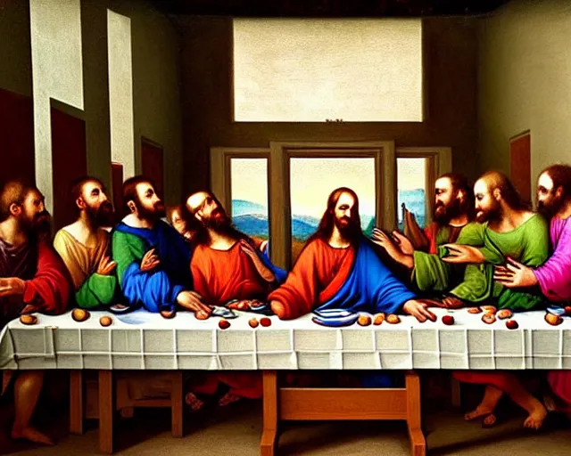 Image similar to beautiful glorious realistic oil painting of the last supper, baroque style, highly detailed and photorealistic, 8 k high detail and intricate