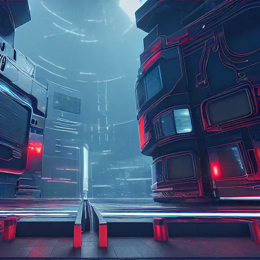 Image similar to an cybernetic temple, street view, made of tv screens, octane render, unreal engine, 8 k, cinematic, artwork by ilya kuvshinov