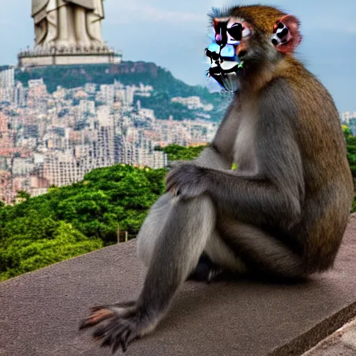 Image similar to high quality portrait of a monkey in front of Christ The Redeemer, studio photograph, photograph, realistic photo, 8k photo, 4k photo, stock photo, high resolution, cinematic shot, high detail