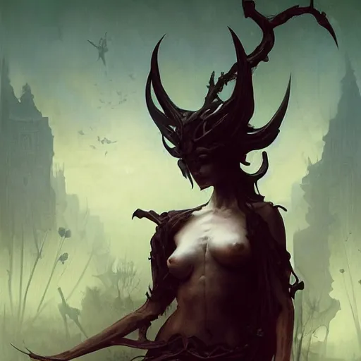 Image similar to An Evil Starbucks Siren, fullbody, intricate, demonic, video game art, highly detailed, artstation, green field with village ruins, concept art, smooth, sharp focus, illustration, art by greg rutkowski and orientalism and bouguereau and Zdzislaw Beksinski, good clear quality, lighting, biology, symmetrical artwork, perfect face, 135 mm, cinematic, hyper realism, high detail, octane render, 8k, chrome accents