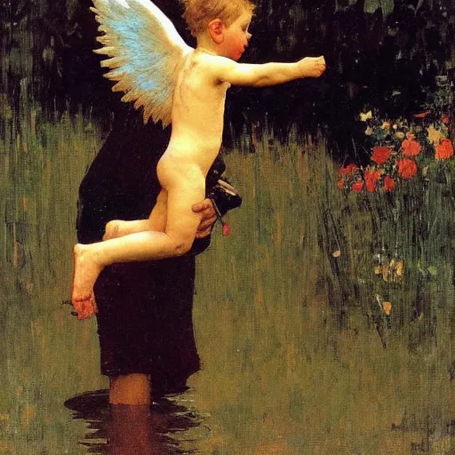 Image similar to a guardian Angel saving a little boy from drowning. Ilya Repin. Norman Rockwell. Masterpiece. Rule of thirds.