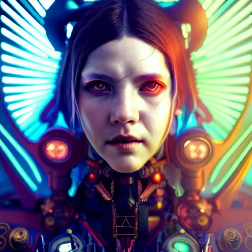 Prompt: portrait painting of cyberpunk solar mamamoo with a halo and devil horns, ultra realistic, concept art, intricate details, eerie, highly detailed, photorealistic, octane render, 8 k, unreal engine. art by artgerm and greg rutkowski and magali villeneuve and alphonse mucha