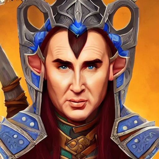 Image similar to elf warrior with the face of nick cage, d & d style, trending on artstation, colorful, intricate, art by kev chan