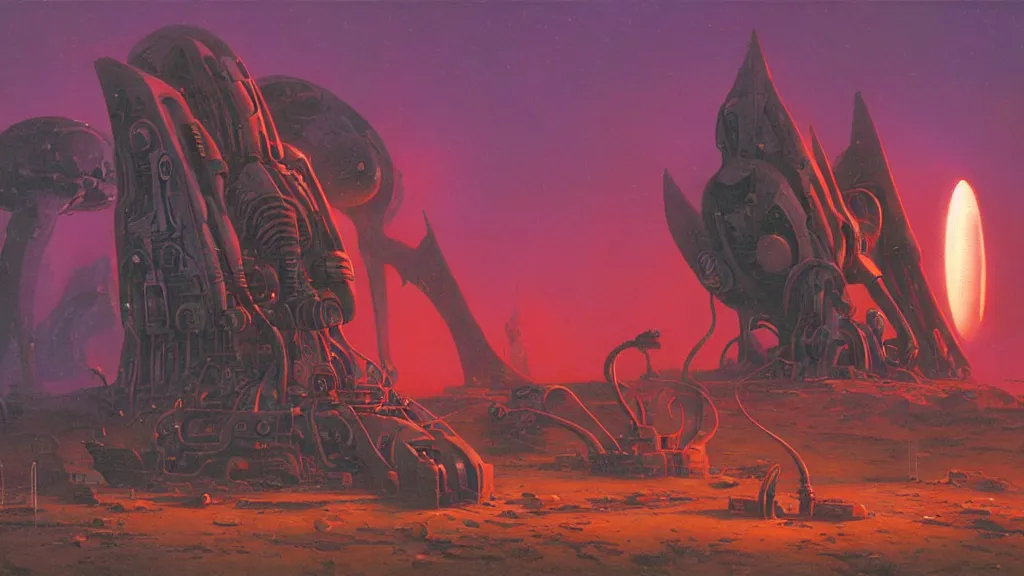 Image similar to mysterious whimsical sculpture of alien technology by paul lehr and john schoenherr and john harris, cinematic matte painting