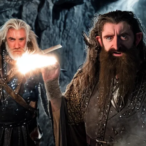 Prompt: thorin the dwarf fighting the goblin king in the Mines of Moria, 8k