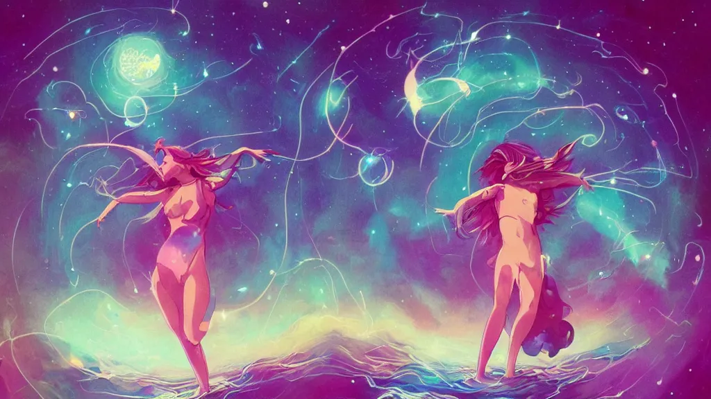 Prompt: one beautiful whimsical goddess standing in a lake basking in the moonlight, casting a spell, underneath a multi-colored binary blackhole with an accretion disc, glowing trails following her arms, acidwave, crystals, koi fish, by Lois van Baarle, by Greg Rutkowski, by artgerm, by beeple, by studio ghibli, cinematic angle, volumetric lighting, 4k resolution, octane render, trending on artstation, masterpiece