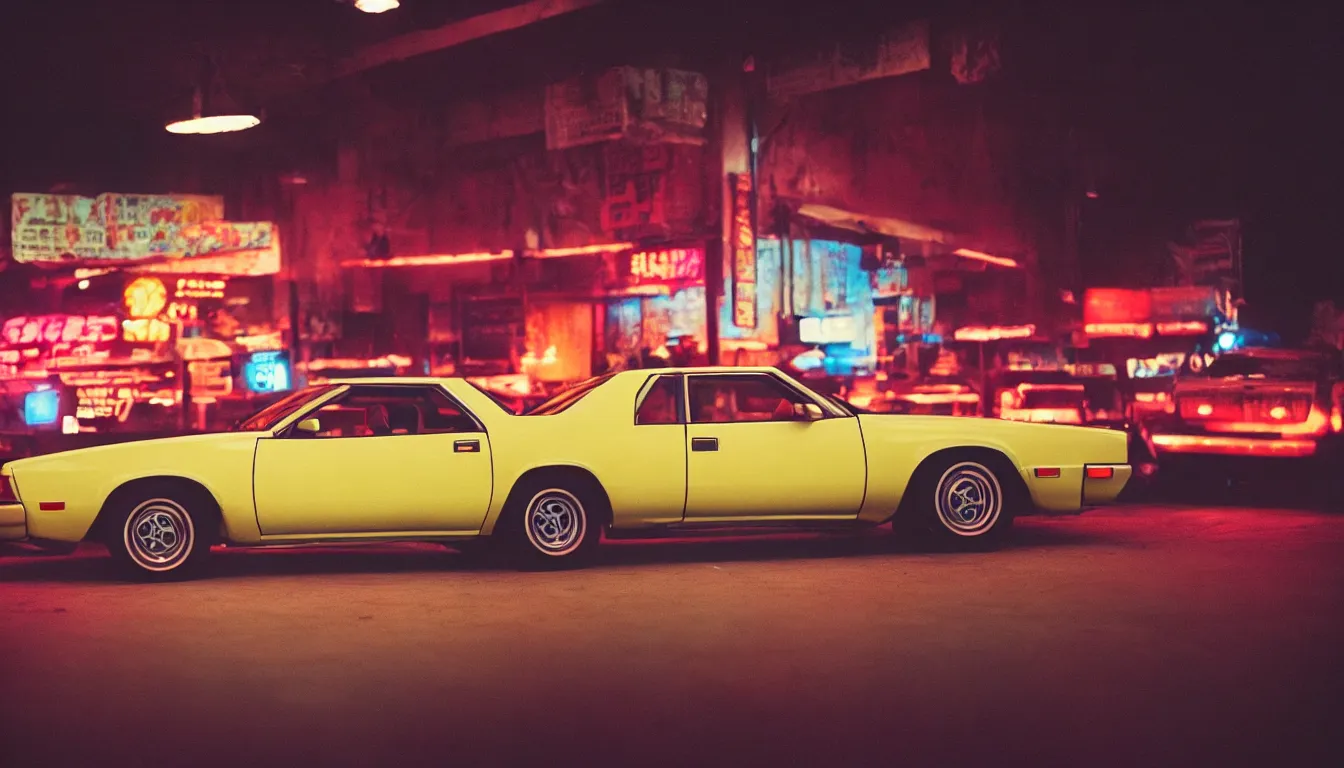 Image similar to 8 0 s asian neon movie still, portrait of a vintage muscle car, medium format color photography, blurred background, movie directed by kar - wai wong, hyperrealistic, photorealistic, high definition, highly detailed, tehnicolor, anamorphic 5 0 mm lens