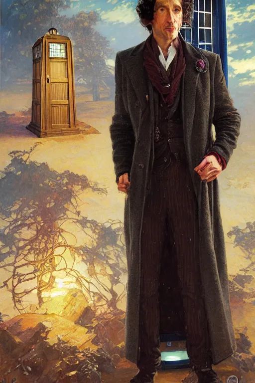 Image similar to The Eighth Doctor standing next to the TARDIS, portrait by Stanley Artgerm Lau, greg rutkowski, thomas kindkade, alphonse mucha, loish, norman Rockwell