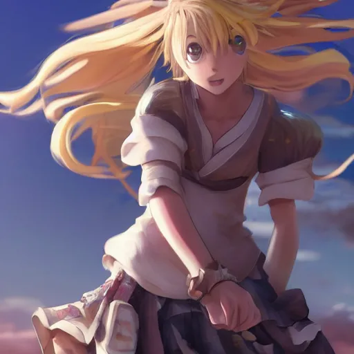 Image similar to blonde - haired princess, anime princess, wearing casual clothes, action pose, parkour, plaza, greco - roman pillars, golden hour, partly cloudy sky, sepia sun, strong lighting, strong shadows, vivid hues, ultra - realistic, sharp details, subsurface scattering, intricate details, hd anime, 2 0 1 9 anime