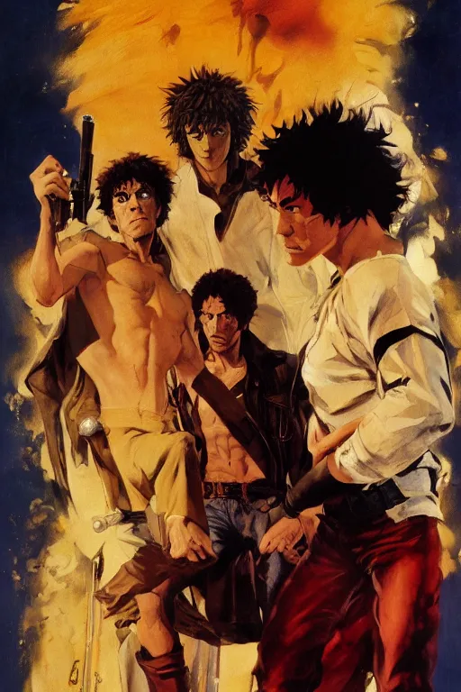 Prompt: Movie poster of Spike and Edward of Cowboy Bebop, Highly Detailed, Dramatic, by frank frazetta, ilya repin, 8k, hd, high resolution print