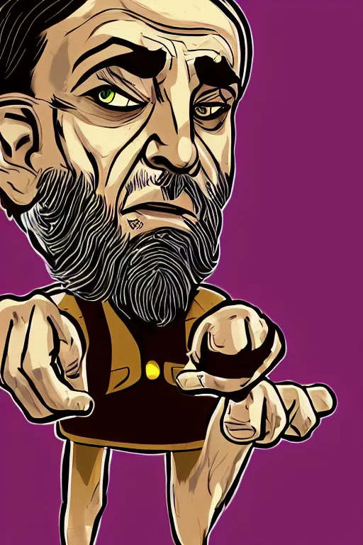 Prompt: angry ali khamenei, with pointing finger, delete unused layer, parallel content, hyperrealistic anatomy body content, violet polsangi pop art, gta chinatown wars art style, extreme quality masterpiece, bioshock infinite art style, incrinate, 2 color, white frame, content balance proportion