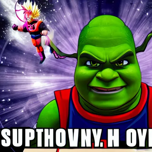 Prompt: Super Saiyan Shrek Fights for the Sake of humanity