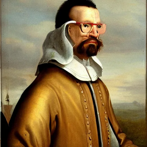 Image similar to dutch golden age painting portrait of gordon freeman wearing a hev suit, very detailed, very intricate, 8 k,