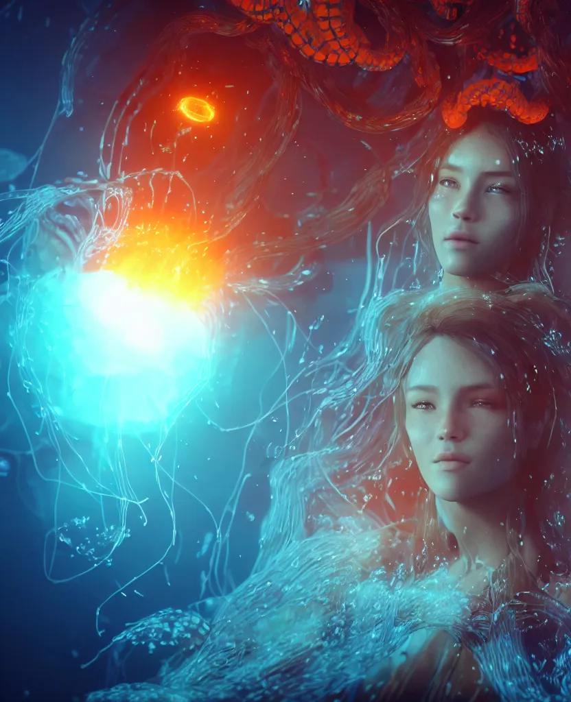 Image similar to close-up portrait of a beautiful girl floating in ethereum surrounded by floating jellyfish, energy flows of fire and water, flashes of plasma, 3d with depth of field, blurred background, a highly detailed epic cinematic concept art CG render. made in Maya, Blender and Photoshop, octane render, excellent composition, cinematic dystopian brutalist atmosphere, dynamic dramatic cinematic lighting, aesthetic, very inspirational, arthouse. y Greg Rutkowski, Ilya Kuvshinov, WLOP, Stanley Artgerm Lau, Ruan Jia and Fenghua Zhong