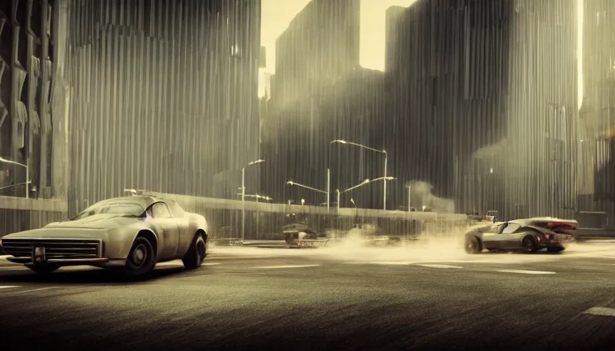 Prompt: Cinemascope. Motion blur Sci-fi car chase inside a city with brutalism architecture. film still by Denis Villeneuve