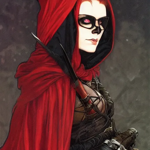 Prompt: DND character, portrait of a dangerous woman in a black hooded cloak wearing skull facepaint and black sunglasses , she has short red hair and carries a large sword, video game art, trending on artstation, Gerald Brom, Alphonse Mucha