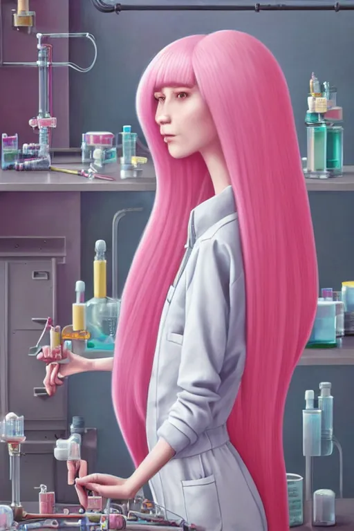 Image similar to highly detailed, industrial photography, profile view of adult princess bubblegum from adventure time, working in her science lab, wearing lab coat, long bubblegum hair, long straight bangs, confident, beautiful, attractive, illustration concept art by nicoletta ceccoli, mark ryden, lostfish, detailed and intricate environment, 8 k resolution, hyperrealistic, octane render