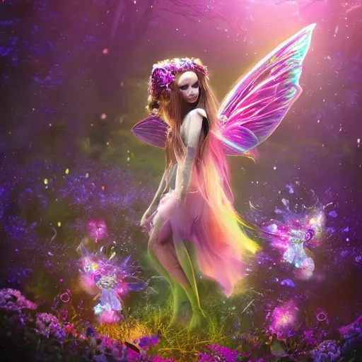 Prompt: macabre fairy princess with galaxy wings residing in a deep dark forest grove, beautiful colorful pretty artistic 4 k artstation trending dynamic dramatic lighting realistic floral garden blooming flowers high contrast light and dark magnificent