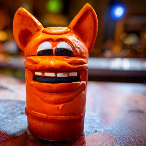 Prompt: a closeup photorealistic photograph of an orange cat garfield style tiki mug at a trader vic's bar with garfield's face on the front. tiki party. bright scene. fine detail. this 4 k hd image is trending on artstation, featured on behance, well - rendered, extra crisp, features intricate detail, epic composition and the style of unreal engine.