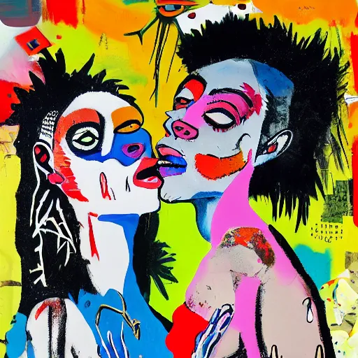 Prompt: acrylic painting of two bizarre psychedelic goth women kissing in japan in a lot of trouble, speculative evolution, mixed media collage by basquiat and jackson pollock, maximalist magazine collage art, sapphic art, psychedelic illustration