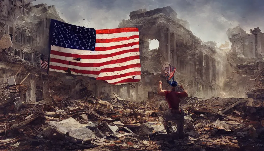 Prompt: destroyed washingon dc, man planting the torn dirty american flag on the ruins of a building, debris, hyperdetailed, artstation, cgsociety, 8 k