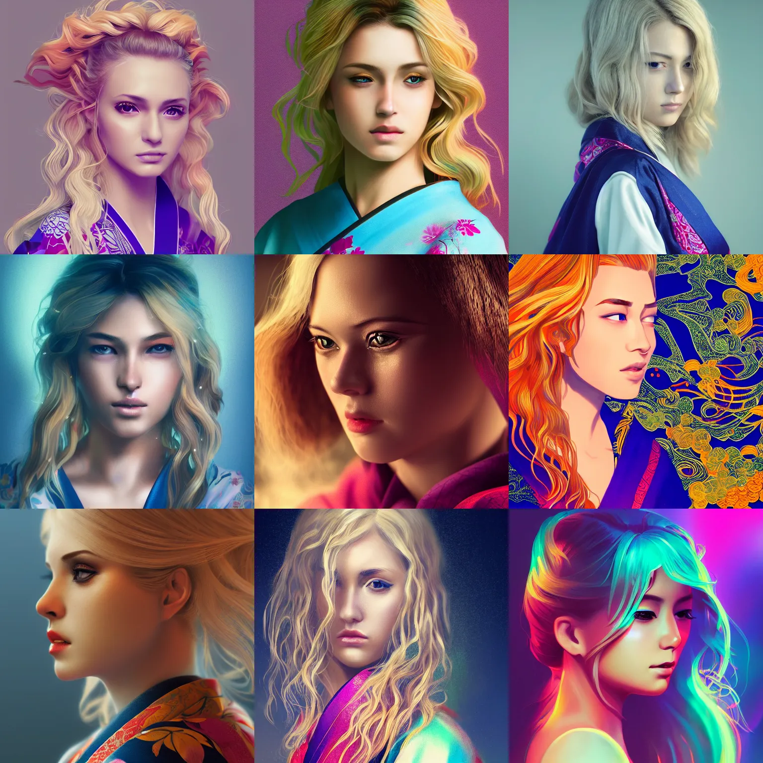 Prompt: stunning, breathtaking, awe - inspiring award - winning portrait of an attractive young white woman with wavy blonde hair, wearing a colorful yukata, extremely moody lighting, intricate, 8 k, tredning on artstation